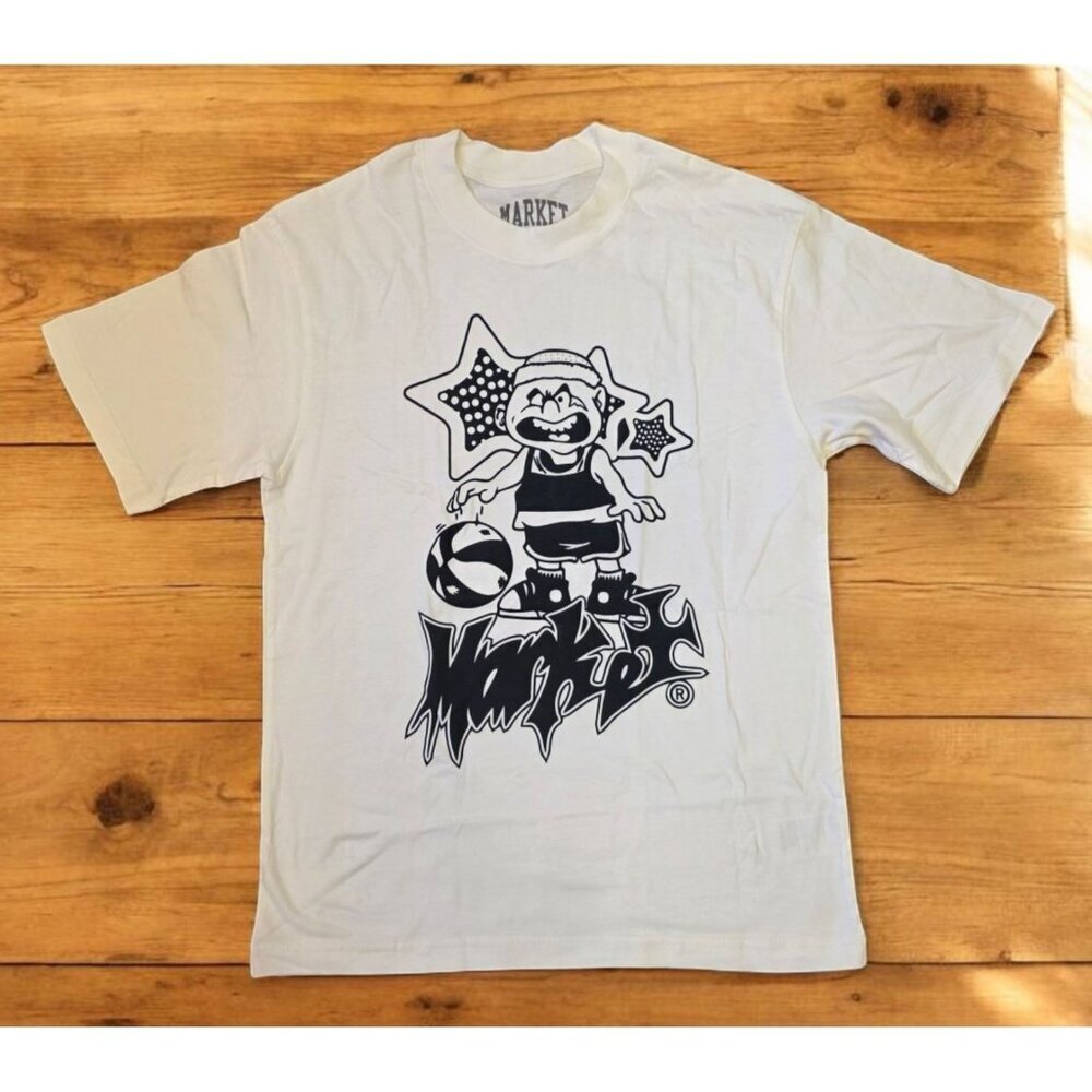 Market Studios On The Court Shirt Mens Size M‎ Cream Black Basketball NWT